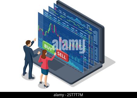 Isometrischer Vektor von Händlern, die mit einer großen digitalen Finanzschnittstelle auf einem Computer interagieren und Kaufentscheidungen treffen. Aktienhandel Stock Vektor