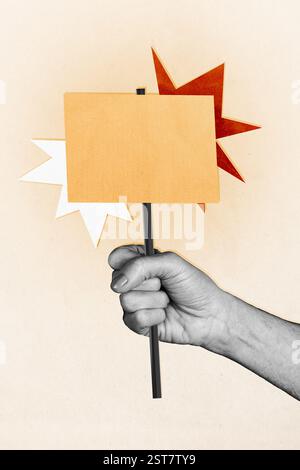 Trendvorlage Skizzierdesign 3D-Fotocollage der Bürgerdemonstration anonymer Führer Hand halten Plakat Banner Schlagstärke stark Stockfoto