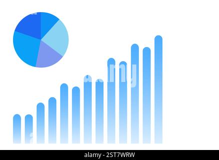 Neben einer Reihe von blauen Balken wird ein blaues Kreisdiagramm angezeigt. Das Tortendiagramm ist in fünf Abschnitte unterteilt, die jeweils eine andere Farbe haben Stock Vektor