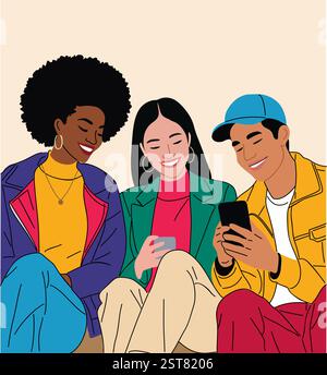 Junge Leute sitzen zusammen und schauen sich das Telefon an Stock Vektor