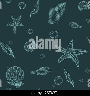 Muscheln, Seesterne, Algen, Fische und Blasen. Handgezeichnete grafische Abbildung. Nahtloses Muster EPS-Vektor auf grünem Hintergrund. Für Gewebe Stock Vektor