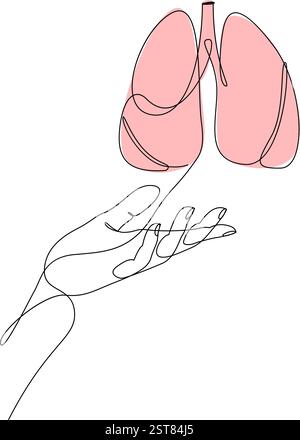 Lunge mit kontinuierlicher Handhaltung. Organspendekonzept in einer Linie. Welt kein Tabak Tag. Welttuberkulosetag. Vektorabbildung Stock Vektor