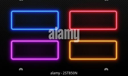 Rechteckiger Rahmen in hellem Neon. LED-Rand leuchtet. Vektorsatz von Laservorlagen für Design isoliert auf dunklem transparentem Hintergrund. Stock Vektor