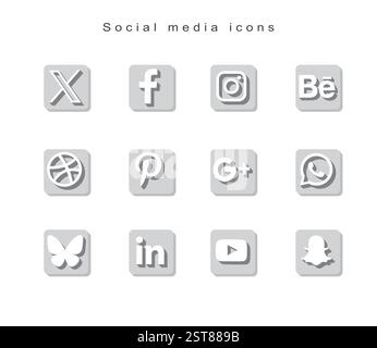 Set des Symbols für soziale Medien: Twitter x, Facebook, Instagram, Threads, Snapchat, WhatsApp, YouTube, Pinterest, Reddit. Kontakt Stock Vektor