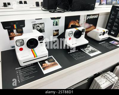 Lviv, Ukraine - 16. Februar 2025: Verschiedene Polaroid-Kameras im Retro-Stil werden an einem Ladentisch mit Dekorationen sichtbar gezeigt. Stockfoto