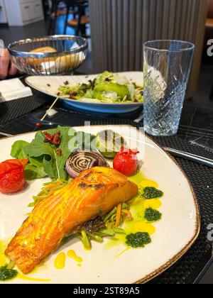 Diese wunderschön überzogene Lachsschale besteht aus einem perfekt gebratenen Filet mit goldener Kruste, das auf einem Bett mit saftigem Gemüse liegt. Garniert mit g Stockfoto