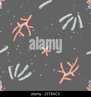 Muscheln mit Aquarellmuster, Korallen, Sterne, Spritzer. Handgezeichnete Illustration im Marine-Stil. Endloser Sommerdruck dunkelgrauer Hintergrundstoff, Textil Stockfoto