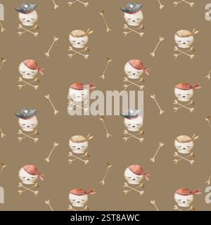 Piraten Schädel, Knochen. Handgezeichnete Illustration im Cartoon-Stil. Endloser Druck auf beigefarbenem braunem Hintergrund für Designstoff und Textil Stockfoto