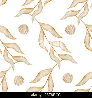 Aquarellmuster rhythmischer Algen, Äste, Muscheln. Handgezeichnete Illustration im Marine-Stil. Nahtloser Sommerdruck, weißer Hintergrund, Textil Stockfoto