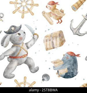 Piraten mit Aquarellmuster Hase Kapitän, Pinguin, Papagei, Anker, Lenkrad, Brust. Handgezeichnete Illustration im Cartoon-Stil. Weiß drucken Stockfoto