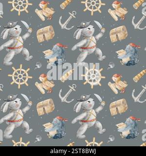 Piraten im Aquarellmuster, Kaninchenkapitän, Pinguin, Papagei, Anker, Rad. Handgezeichnete Abbildung. Grau-blauer Hintergrund, Stoff, Textil Stockfoto