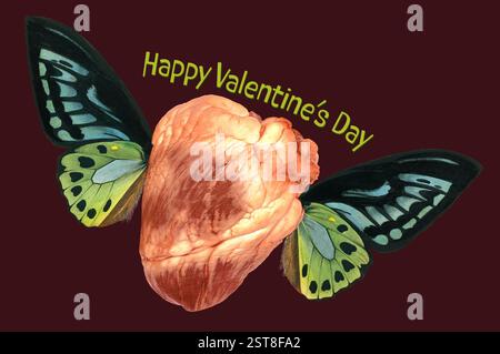 Happy Valentinstag Karte echtes Herz mit Schmetterlingsflügeln Stockfoto