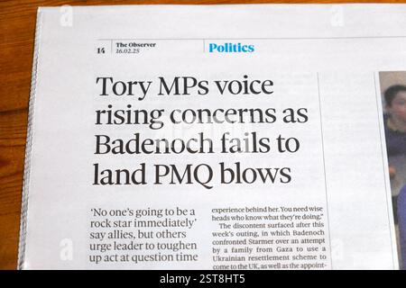"Die Abgeordneten der Tory äußern wachsende Bedenken, da (Kemi) Badenoch es versäumt, PMQ-Schläge zu landen", titelt die Zeitung Observer britischer politikartikel 16. Februar 2025 Großbritannien Stockfoto