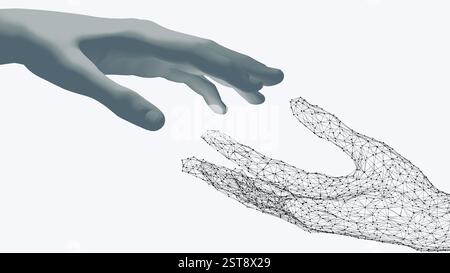 Die Hand des KI-Netzwerks berührt die menschliche Hand auf weißem Hintergrund. KI-Tools, die Menschen helfen. Technologiekonzept künstlicher Intelligenz Stockfoto