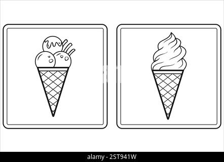 Einfache schwarz-weiße Vektorgrafik, die zwei verschiedene Eissorten in Waffelkegeln zeigt, einer mit Schaufeln und der andere mit geschwungenen Kuscheln. Stock Vektor