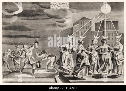 L'Influance de la lune sur la Test de femmes [der Einfluss des Mondes auf die Köpfe der Frauen] 1652 Gravur, die eine satirische Szene von fünf Frauen zeigt, die unter dem Mondlicht tanzten, wobei Teile der Monde auf dem Kopf liegen. Die Arbeit kritisiert humorvoll die Überzeugungen über das Verhalten von Frauen, das von Mondzyklen gesteuert wird, und es sind angeblich intermittierende Auswirkungen auf den Verstand, die sogenannte „Wahnsinn“. Stockfoto