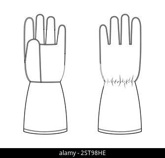 Schweißhandschuhe Arbeitshandschuhe Accessoire Kleidung technische Illustration Kleidung. Vektor-Vorderhandfläche Rückansicht für Männer, Frauen, Unisex-Stil flache Vorlage CAD-Modell Skizze Umriss auf weißem Hintergrund Stock Vektor