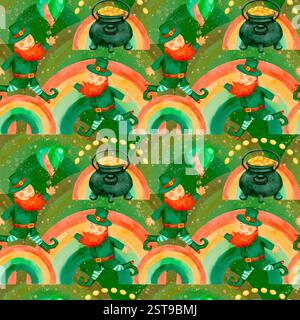 Farbenfrohe Leprechauns, Regenbögen und goldene Töpfe feiern den St. Patrick's Day in diesem lebendigen Muster. Nahtloses Aquarellmuster für den Druck auf Stoff und Papier. Stockfoto