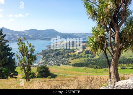 MacAndrew Bay von der Highcliff Road, Halbinsel Otago (Muaūpoko), Dunedin (Ōtepoti), Region Otago, Südinsel, Neuseeland Stockfoto