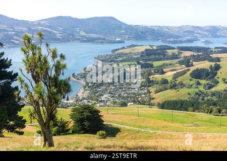 MacAndrew Bay von der Highcliff Road, Halbinsel Otago (Muaūpoko), Dunedin (Ōtepoti), Region Otago, Südinsel, Neuseeland Stockfoto