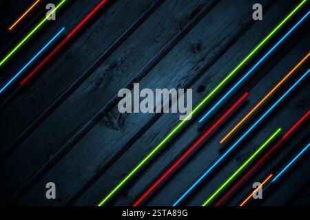Grunge dunkelblauer hölzerner Hintergrund mit bunten Neonlaserlinien. Vektor-Retro-Design Stock Vektor