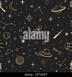 Nahtloses Muster des Vektors der Weltraumsterngalaxie. Hand gezeichnet Kritzelskizze Linie Stil Galaxie Planet Stern, Rakete, Mond netter Himmel Hintergrund. Space Planet Kid kritzelt Universum Muster. Vektorabbildung Stock Vektor