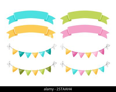 Niedliche und bunte Bänder und Fahnen in verschiedenen Farben. Perfekt für Partyeinladungen, Banner und andere festliche Designs. Kindermotiv Stock Vektor