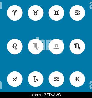 Zodiac-Horoskop. Zwölf astrologische Symbolsymbole. Stilisierter Stern kennzeichnet esoterisch. Einfache Darstellung des Linienvektors Stock Vektor