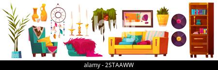 Boho-Wohnzimmerelemente mit farbenfrohen Möbeln, Traumfänger, Schallplatten. Hellgelbes Sofa, grüner Sessel, Topfpflanze, hölzernes Bücherregal, abstrakte Kunstwerke im Bohème-Stil. Stock Vektor
