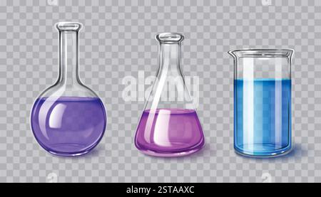 Laborglas-Set isoliert auf transparentem Hintergrund. Realistische Illustration des 3D-Glasbechers, des Kolbens, des Röhrchens mit chemischer Flüssigkeit im Inneren, des medizinischen Wissenschaftslabors, der Ausrüstung für Biologietests Stock Vektor