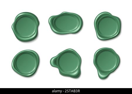 Wachssiegel-Stempelkollektion in smaragdgrüner Farbe mit glänzender Oberfläche und einzigartigen unregelmäßigen Formen. Vintage-Elemente mit glatten Kanten und realistischen Schatten für Zertifikate, Briefe oder Branding. Stock Vektor