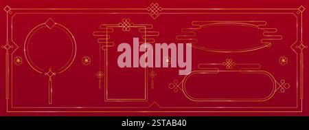 Chinesische goldene Rahmen isoliert auf rotem Hintergrund. Vektor-realistische Illustration der eleganten gelben Grenzen, asiatischen Stil Design-Elemente für Neujahrskarte, Poster oder Banner, orientalische Dekoration Kunst Stock Vektor