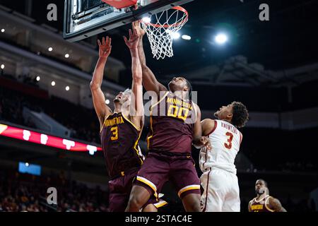 Frank Mitchell (00), Stürmer der Minnesota Golden Gophers, holt sich während eines NCAA-Basketballspiels für Männer einen Rebound gegen Matt Knowling (3) der USC Trojans Stockfoto