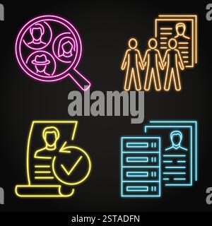 Neonsymbolgruppe für die Genealogie-Datenbank und persönliche Informationen. Vektorabbildung Stock Vektor