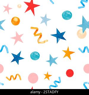 Illustration Sterne und Kreise, Serpentine mehrfarbige nahtlose Aquarelle Hand gezeichnetes nahtloses Muster auf einem weißen Hintergrund. Für Gewebe, Textilien Stockfoto