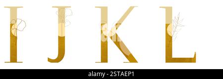 Goldene Buchstaben I J K L mit kompliziertem Blumendesign. Stockfoto