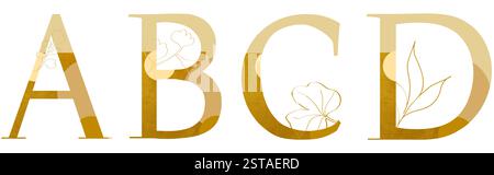 Goldene Buchstaben mit Buchstaben A B C D und kunstvoller Blumendekoration. Stockfoto