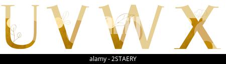 Goldene Buchstaben U V W X mit aufwändiger Blumendekoration. Stockfoto