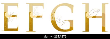 Goldene Buchstaben E F G H mit aufwändiger Blumendekoration. Stockfoto