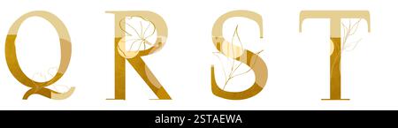 Goldene Buchstaben Q R S T mit aufwändiger Blumendekoration. Stockfoto