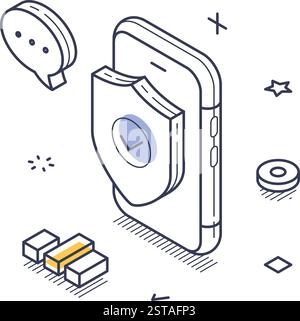 Smartphone mit einem Schild gesichert, das die Internetsicherheit symbolisiert. Elemente wie Chat-Blasen und -Formen verbessern das Thema des digitalen Schutzes. Isometrisch Stock Vektor