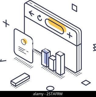 Das isometrische Line Art Symbol konzentriert sich auf die Interaktion in sozialen Medien. Es verfügt über ein Browserfenster, eine Karte und Balkendiagramme, die moderne Datenanalysen in veranschaulichen Stock Vektor