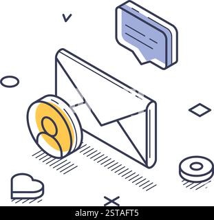 Die isometrische Liniengrafik-Vektor-Illustration zeigt verschiedene Elemente der Kommunikation in sozialen Medien. Vektorabbildung Stock Vektor