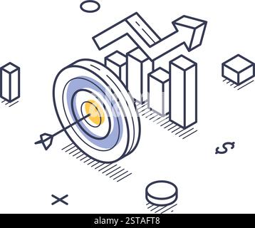 Online-Marketing-Strategien. Zu den Visualisierungen gehören ein Ziel mit einem Pfeil, Diagrammen und Indikatoren, die Wachstum und Analysen darstellen. Moderne isometrische Linie AR Stock Vektor