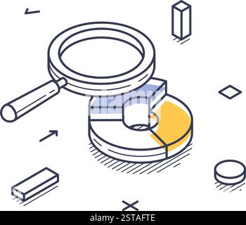 Symbol für isometrische Strichgrafik, das sich auf die Datenanalyse konzentriert. Es zeigt verschiedene geometrische Formen, eine Lupe und Tortenelemente und betont die Infografik Stock Vektor