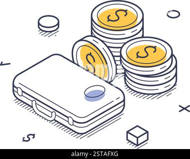 Business-Lösung, bei der neben gestapelten Münzen eine Geldbörse präsentiert wird. Dieses Design legt Wert auf Finanzmanagement und Investitionen. Moderne isometrische Strichkunst Stock Vektor