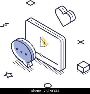 Isometrische Liniendarstellung eines digitalen Bildschirms mit interaktiven Elementen wie Kommentaren und „gefällt mir“, die das Engagement in sozialen Medien symbolisieren Stock Vektor