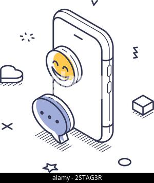 Die Vektorillustration zeigt ein isometrisches Liniendesign eines Smartphones mit Emoticon- und Nachrichtensymbolen Stock Vektor