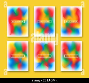 Sammlung von auffälligen abstrakten Vektorpostern mit fließenden Verlaufsgittereffekten und weichen Farbübergängen. Ideal für digitale Kunst, Poster, Webdesign, an Stock Vektor