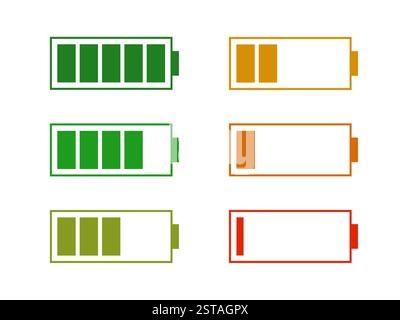 Symbolgruppe Akkuenergie-Füllstand. Leistungsstark volle Akkus mit niedrigem Ladezustand. Konzept der energetischen Wiederverwendung. Alkali-Tags. Batterieladepunkt, Aufladen Stock Vektor